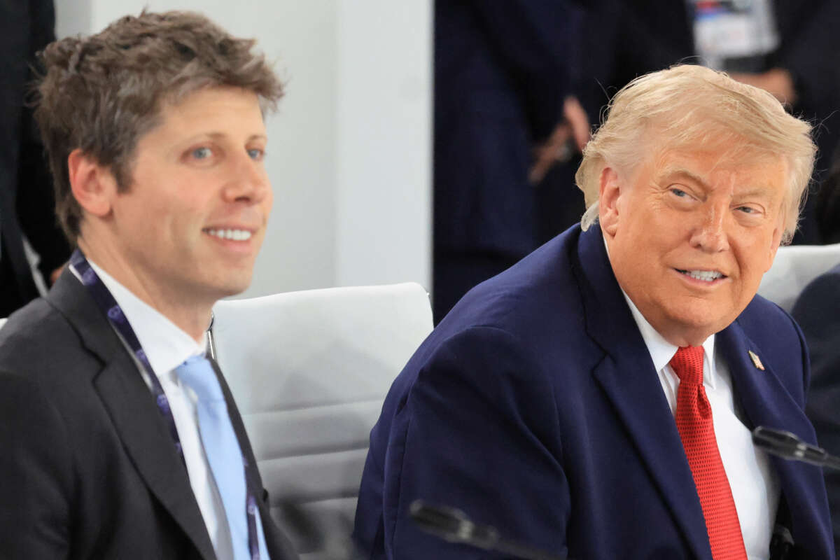 Open AI CEO Sam Altman and President Donald Trump react during a working lunch meeting of G7 members, partner countries, and artificial intelligence business leaders as part of the G7 summit, in Evian, eastern France, on June 17, 2026.