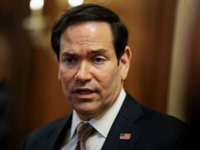 Secretary of State Marco Rubio speaks to members of the media in Kuwait City during his visit to the Middle East to discuss the interim deal between the U.S. and Iran with Arab Gulf allies, on June 24, 2026.