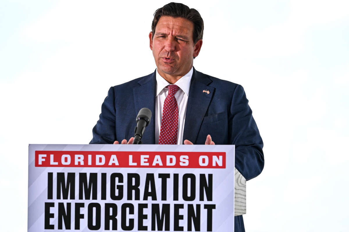Florida Gov. Ron DeSantis speaks during a press conference at the South Florida Detention Facility, on June 25, 2026.