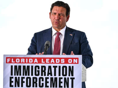 Florida Gov. Ron DeSantis speaks during a press conference at the South Florida Detention Facility, on June 25, 2026.