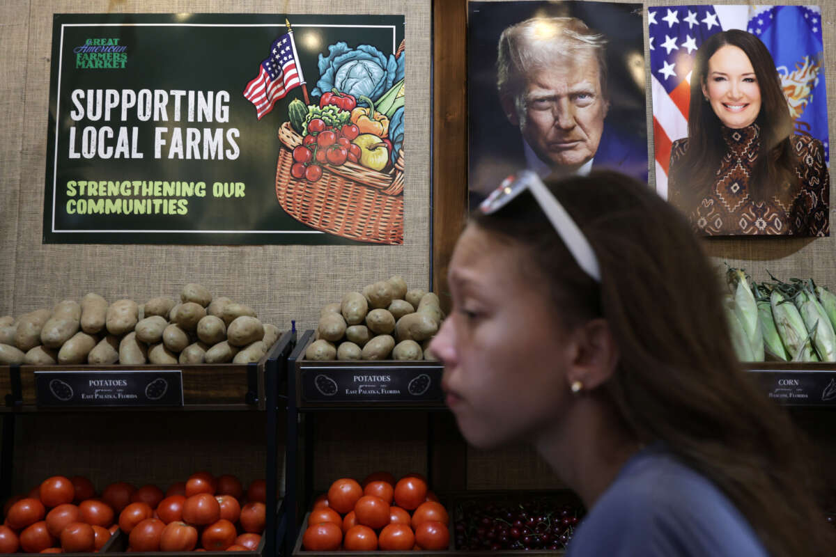 Portraits of U.S. President Donald Trump and U.S. Agriculture Secretary Brooke Rollins are displayed in the U.S. Department of Agriculture (USDA) exhibit during the "Great American State Fair" on the National Mall on July 1, 2026, in Washington, D.C.