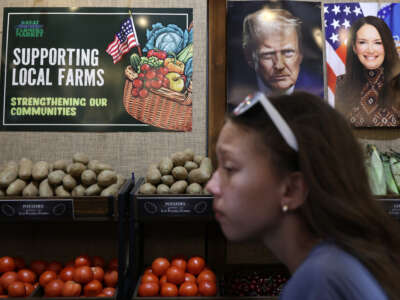 Portraits of U.S. President Donald Trump and U.S. Agriculture Secretary Brooke Rollins are displayed in the U.S. Department of Agriculture (USDA) exhibit during the "Great American State Fair" on the National Mall on July 1, 2026, in Washington, D.C.