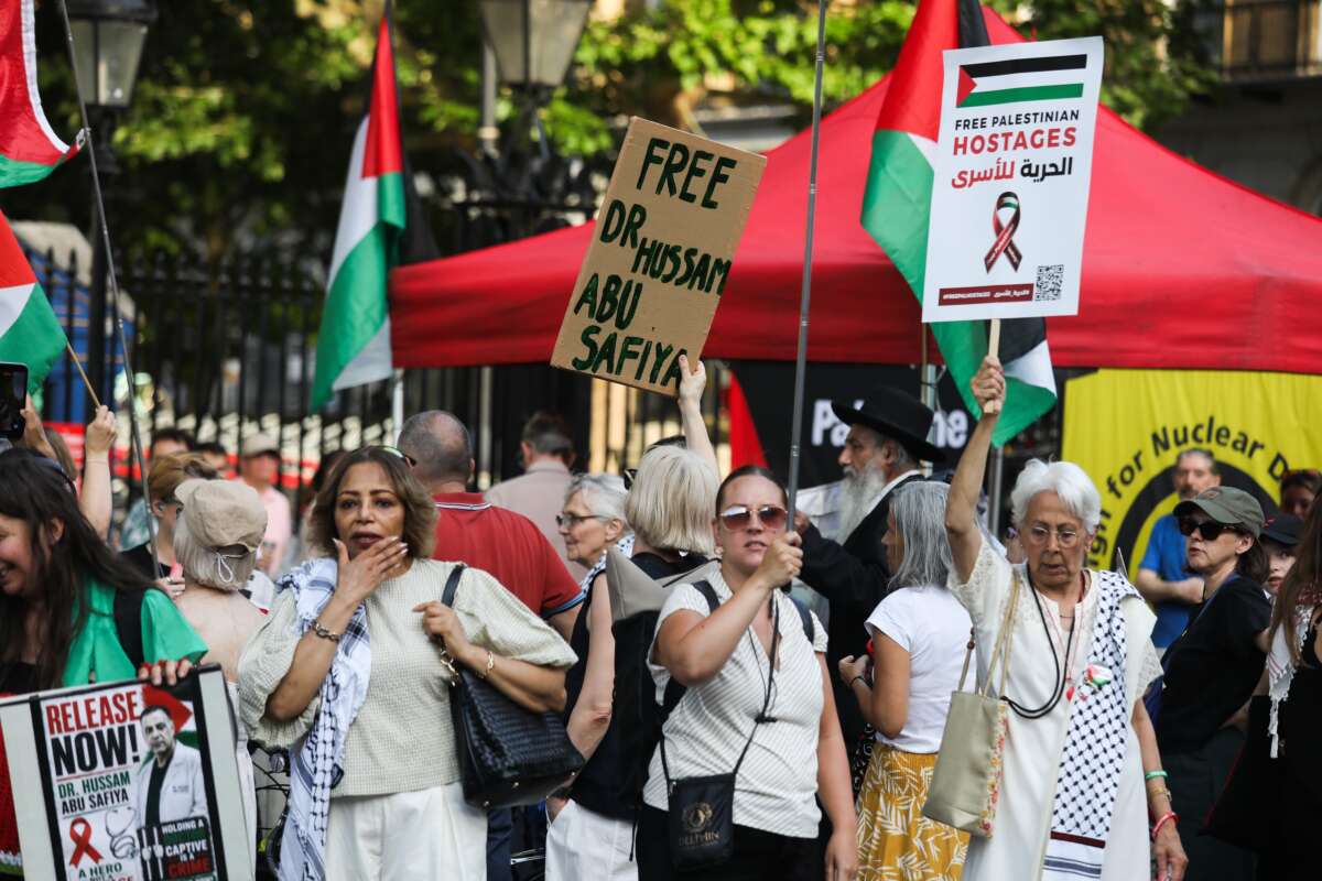 Hundreds turned out to show their solidarity with Dr. Hussam Abu Safiya and numerous other medics detained by Israel and to demand their freedom, on July 7, 2026, in London, United Kingdom.