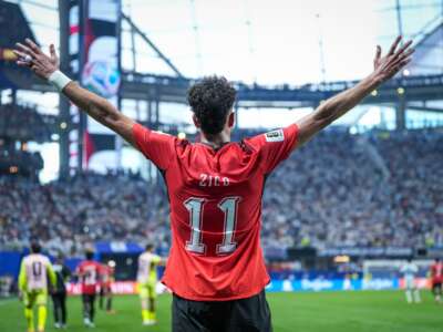 Mostafa Zico of Egypt celebrates after scoring the second goal during the 2026 World Cup match between Argentina and Egypt at Atlanta Stadium in Atlanta, Georgia, on July 7, 2026.