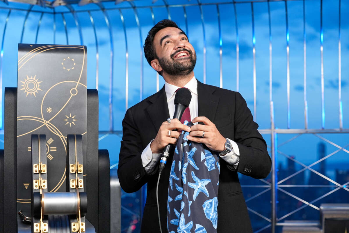 New York City Mayor Zohran Mamdani lights the Empire State Building on July 4, 2026, in New York City.
