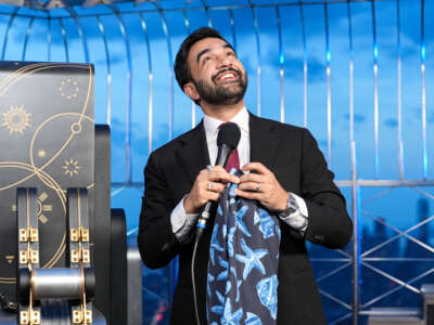 New York City Mayor Zohran Mamdani lights the Empire State Building on July 4, 2026, in New York City.