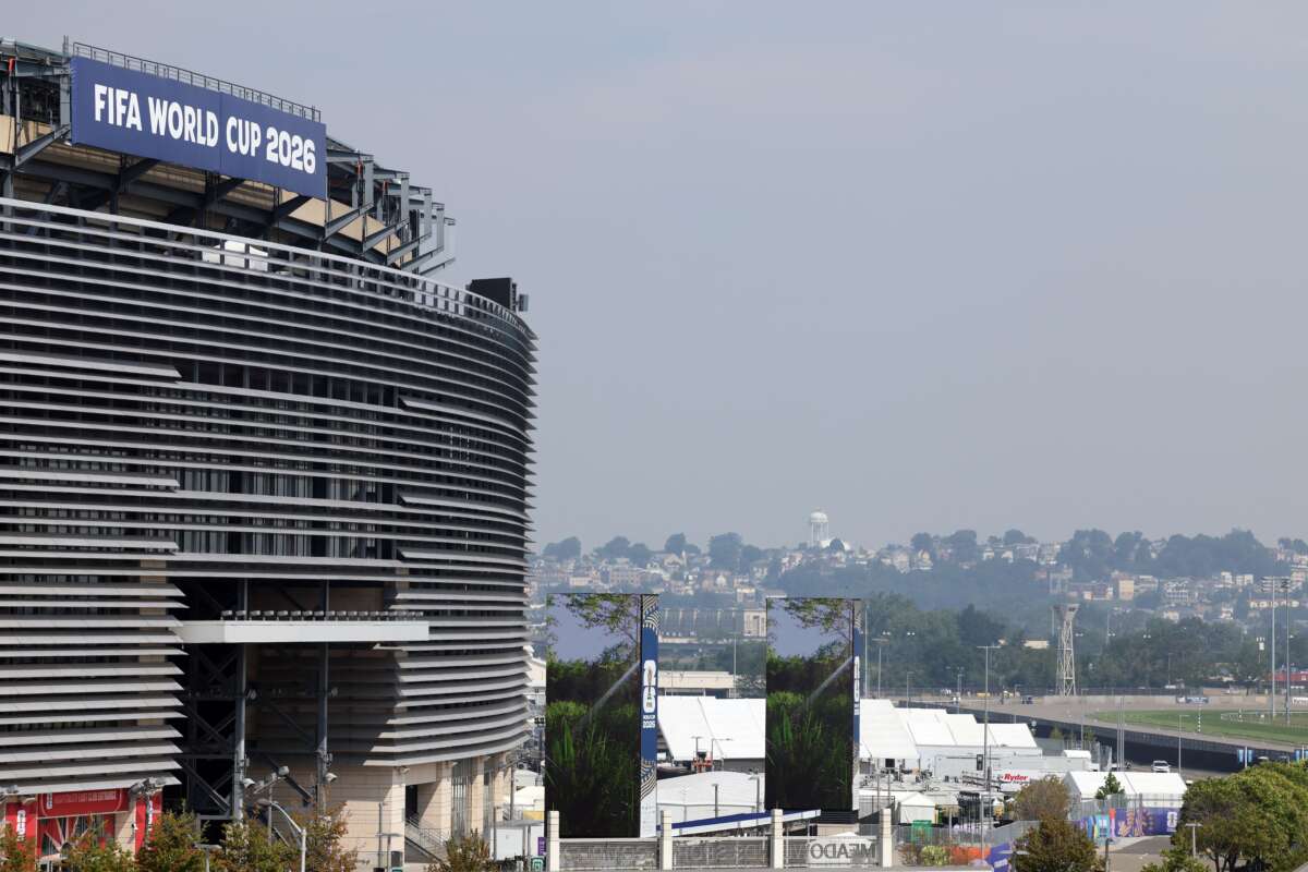 The MetLife Stadium, temporarily known as New York New Jersey Stadium for the 2026 FIFA World Cup, is pictured two days ahead of the 2026 World Cup football tournament final between Spain and Argentina, in East Rutherford, New Jersey, on July 17, 2026.