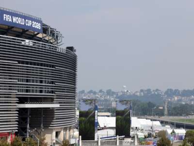 The MetLife Stadium, temporarily known as New York New Jersey Stadium for the 2026 FIFA World Cup, is pictured two days ahead of the 2026 World Cup football tournament final between Spain and Argentina, in East Rutherford, New Jersey, on July 17, 2026.