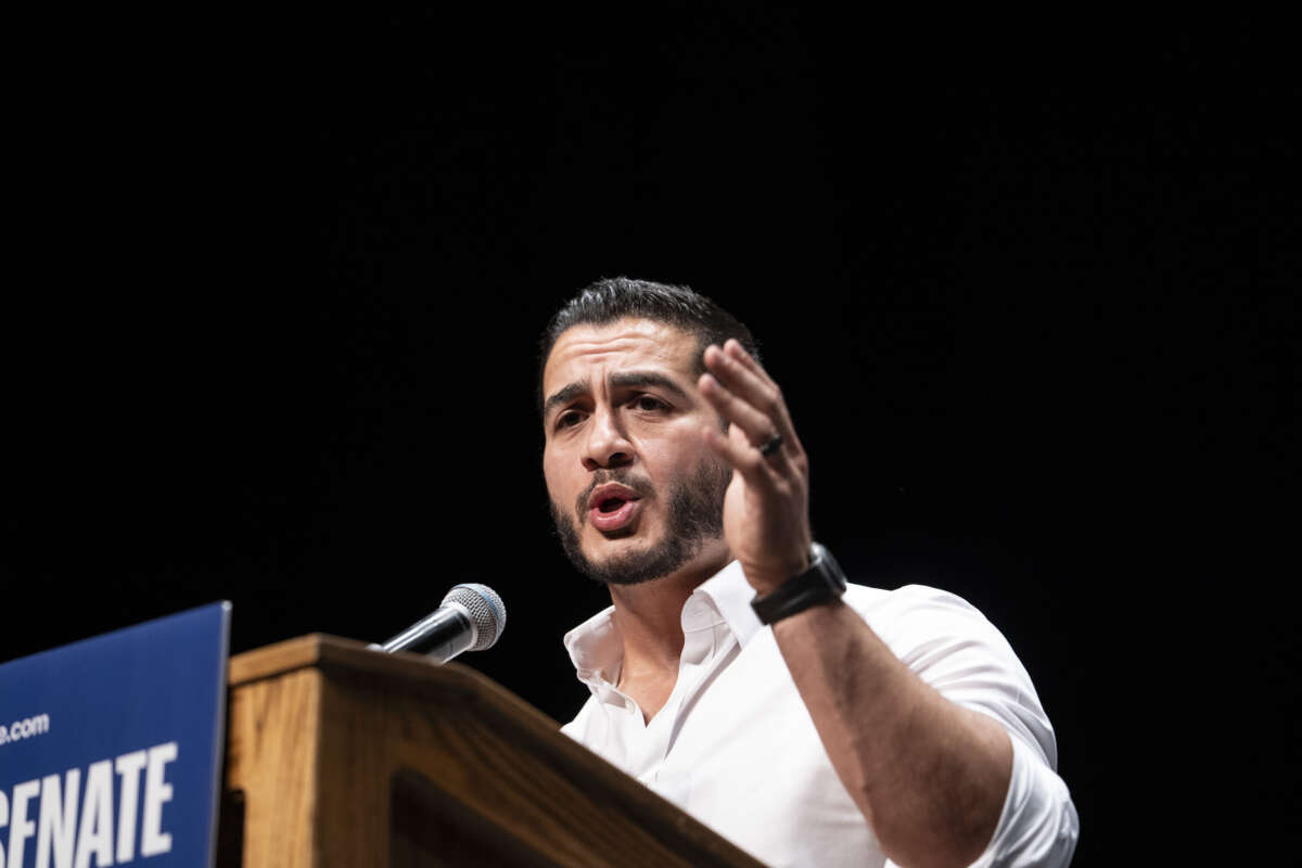 Michigan Democratic candidate for Senate Abdul El-Sayed speaks at The People V. The Powerful rally at the Detroit Opera House on July 18, 2026, in Detroit, Michigan.