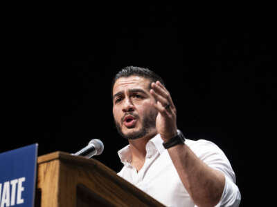 Michigan Democratic candidate for Senate Abdul El-Sayed speaks at The People V. The Powerful rally at the Detroit Opera House on July 18, 2026, in Detroit, Michigan.