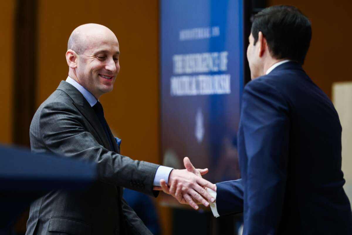 White House Deputy Chief of Staff Stephen Miller shakes hands with Secretary of State Marco Rubio before addressing the audience during opening remarks at the “Ministerial on the Resurgence of Political Terrorism” at the U.S. State Department, on July 16, 2026, in Washington, D.C.