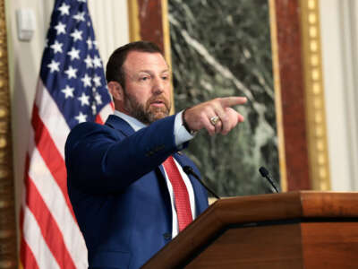 Homeland Security Secretary Markwayne Mullin speaks during a news conference in the Eisenhower Executive Office Building on July 17, 2026, in Washington, D.C. Mullin held the news conference to discuss election security ahead of the midterms.