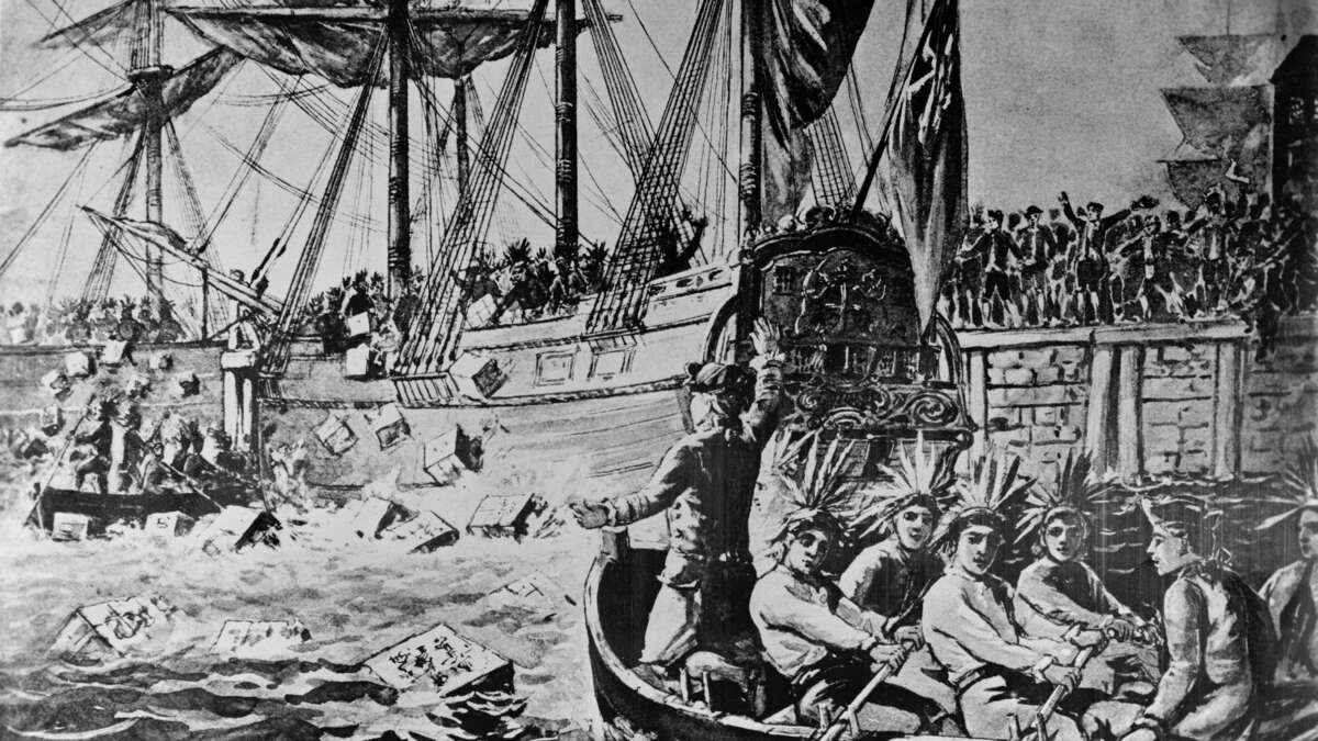 A wash drawing by W.L. Greene depicts the Boston Tea Party. “When colonists threw tea into Boston Harbor to protest an unjust tax, they dressed up as Native people,” says Rebecca Nagle.