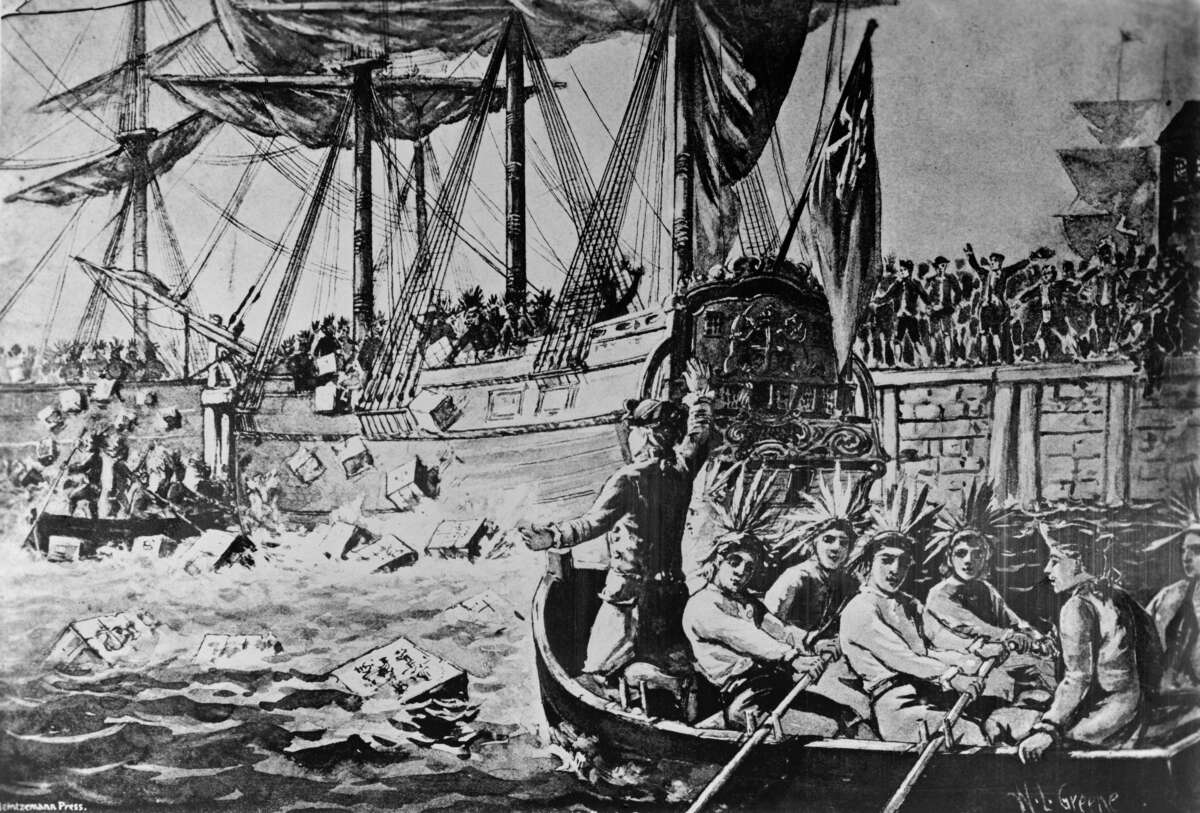 A wash drawing by W.L. Greene depicts the Boston Tea Party. “When colonists threw tea into Boston Harbor to protest an unjust tax, they dressed up as Native people,” says Rebecca Nagle.