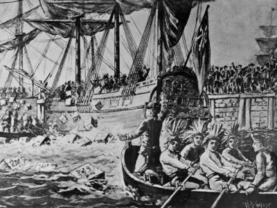 A wash drawing by W.L. Greene depicts the Boston Tea Party. “When colonists threw tea into Boston Harbor to protest an unjust tax, they dressed up as Native people,” says Rebecca Nagle.