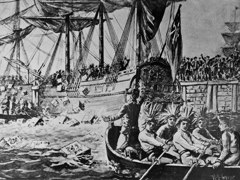A wash drawing by W.L. Greene depicts the Boston Tea Party. “When colonists threw tea into Boston Harbor to protest an unjust tax, they dressed up as Native people,” says Rebecca Nagle.