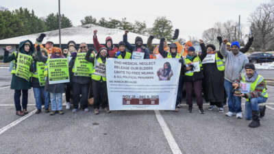 Participants in a multiday protest march for Mumia walk through Pennsylvania from Reading to Shoemakersville on December 4, 2025.