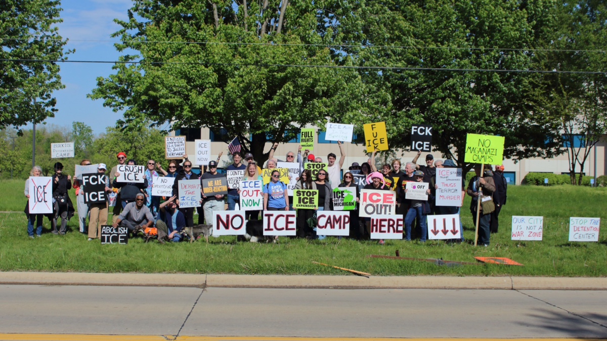 Outside of the proposed ICE warehouse in Romulus, Michigan, near Detroit, protesters hold a weekly “Solidarity Saturdays” rally.