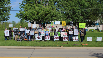 Outside of the proposed ICE warehouse in Romulus, Michigan, near Detroit, protesters hold a weekly “Solidarity Saturdays” rally.
