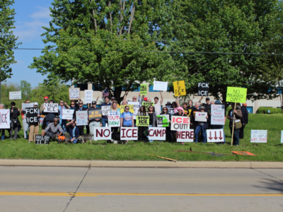 Outside of the proposed ICE warehouse in Romulus, Michigan, near Detroit, protesters hold a weekly “Solidarity Saturdays” rally.