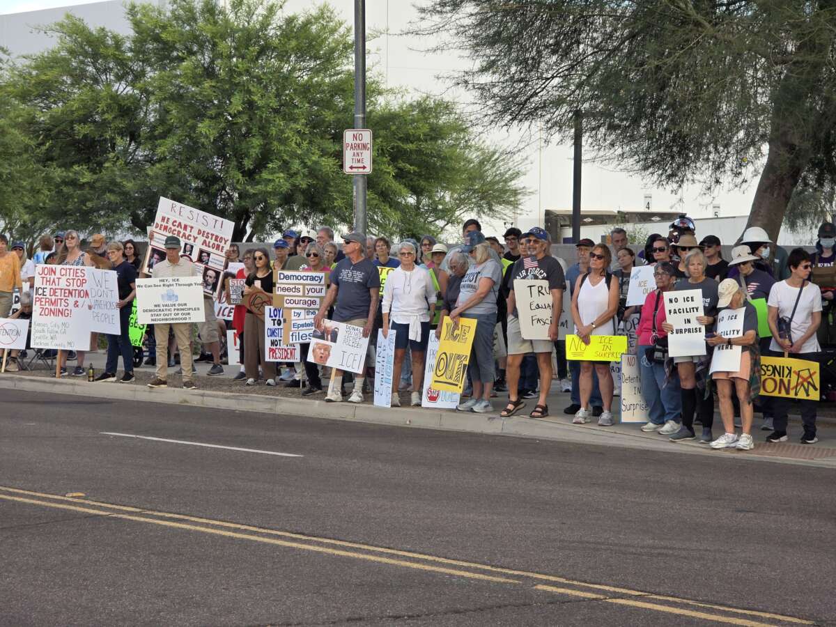 Protesters hold a demonstration in Surprise, Arizona, where an ICE warehouse has been put on pause pending an environmental impact analysis.