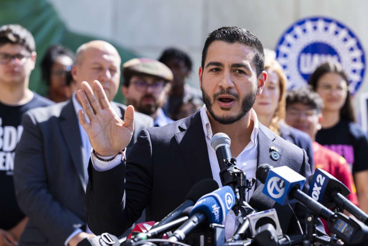Michigan Democratic Senate primary winner Abdul El-Sayed speaks during a press conference in front of the Spirit of Detroit statue on August 5, 2026 in Detroit, Michigan.