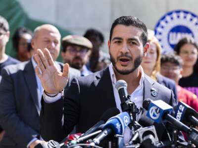 Michigan Democratic Senate primary winner Abdul El-Sayed speaks during a press conference in front of the Spirit of Detroit statue on August 5, 2026 in Detroit, Michigan.