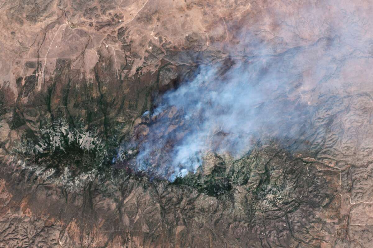 Satellite view of the Seven Cabins fire in the Capitan Mountain Wilderness, New Mexico. The blaze erupted on May 14 after a Trans Aero MedEvac medical transport plane crashed along its flightpath from Roswell to Sierra Blanca Regional Airport.