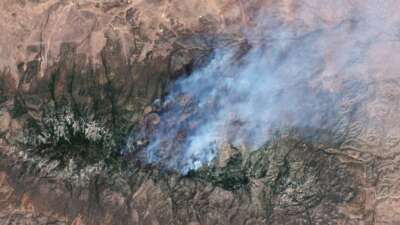 Satellite view of the Seven Cabins fire in the Capitan Mountain Wilderness, New Mexico. The blaze erupted on May 14 after a Trans Aero MedEvac medical transport plane crashed along its flightpath from Roswell to Sierra Blanca Regional Airport.