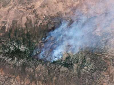 Satellite view of the Seven Cabins fire in the Capitan Mountain Wilderness, New Mexico. The blaze erupted on May 14 after a Trans Aero MedEvac medical transport plane crashed along its flightpath from Roswell to Sierra Blanca Regional Airport.