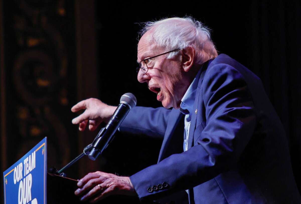 Senator Bernie Sanders speaks during the "Our Team, Our Year" Get Out The Vote rally at the Kings Theatre in Brooklyn, New York, on June 18, 2026.