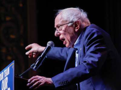 Senator Bernie Sanders speaks during the "Our Team, Our Year" Get Out The Vote rally at the Kings Theatre in Brooklyn, New York, on June 18, 2026.