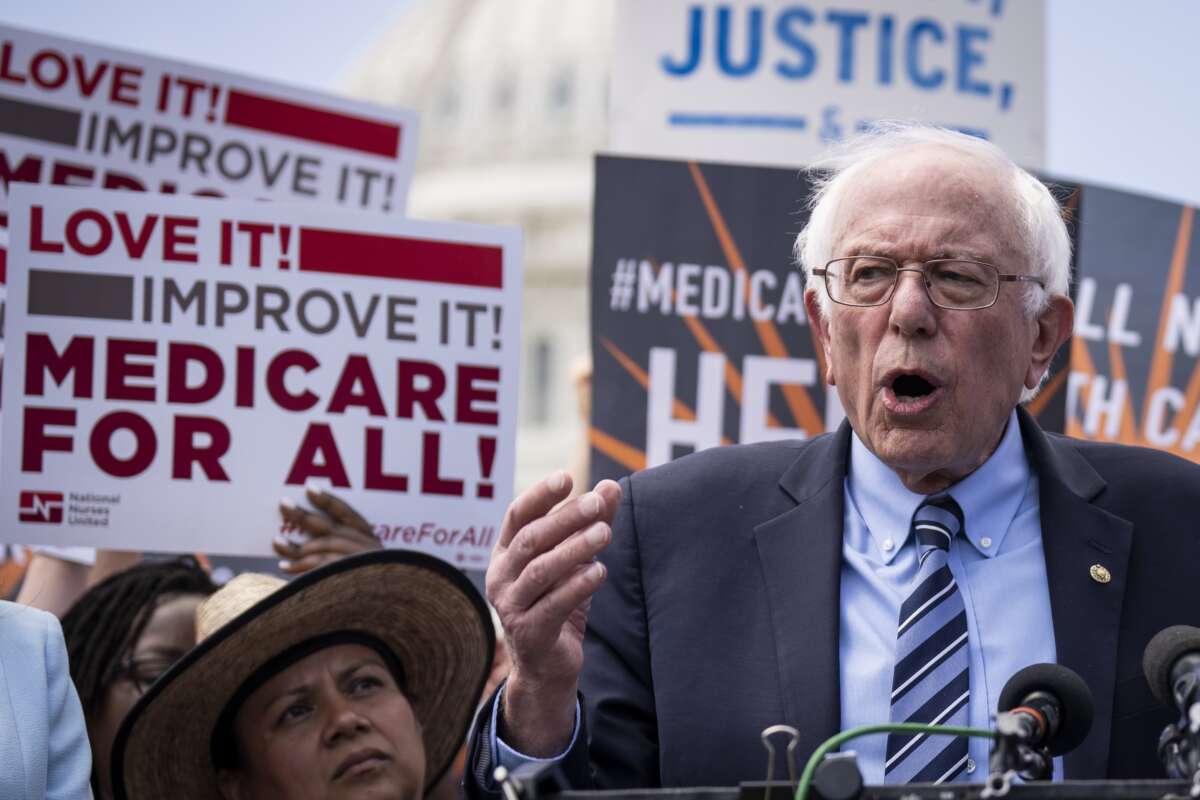 Sen. Bernie Sanders (I-Vermont) speaks during a news conference to announce the re-introduction of the Medicare For All Act of 2023, outside the U.S. Capitol May 17, 2023 in Washington, D.C.