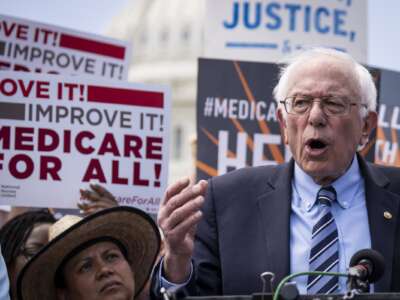 Sen. Bernie Sanders (I-Vermont) speaks during a news conference to announce the re-introduction of the Medicare For All Act of 2023, outside the U.S. Capitol May 17, 2023 in Washington, D.C.