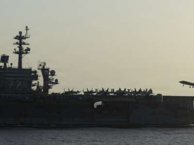 USS Abraham Lincoln conducts U.S. blockade operations related to the Strait of Hormuz on April 16, 2026 in the Arabian Sea.