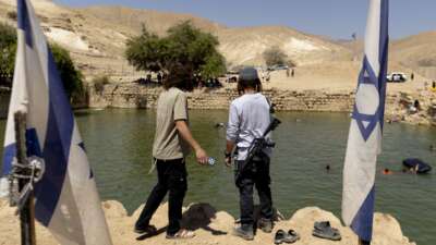Israelis hang out at the ancient archaeological site known as Herod's Pool on July 31, 2026 near the Israeli settlement of Petza'el, West Bank.