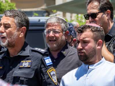 Israel's far-right national security minister Itamar Ben Gvir (C) arrives at the site of a suspected shooting attack in the town of Tzur Yitzhak in central Israel close to the occupied West Bank on June 7, 2026.