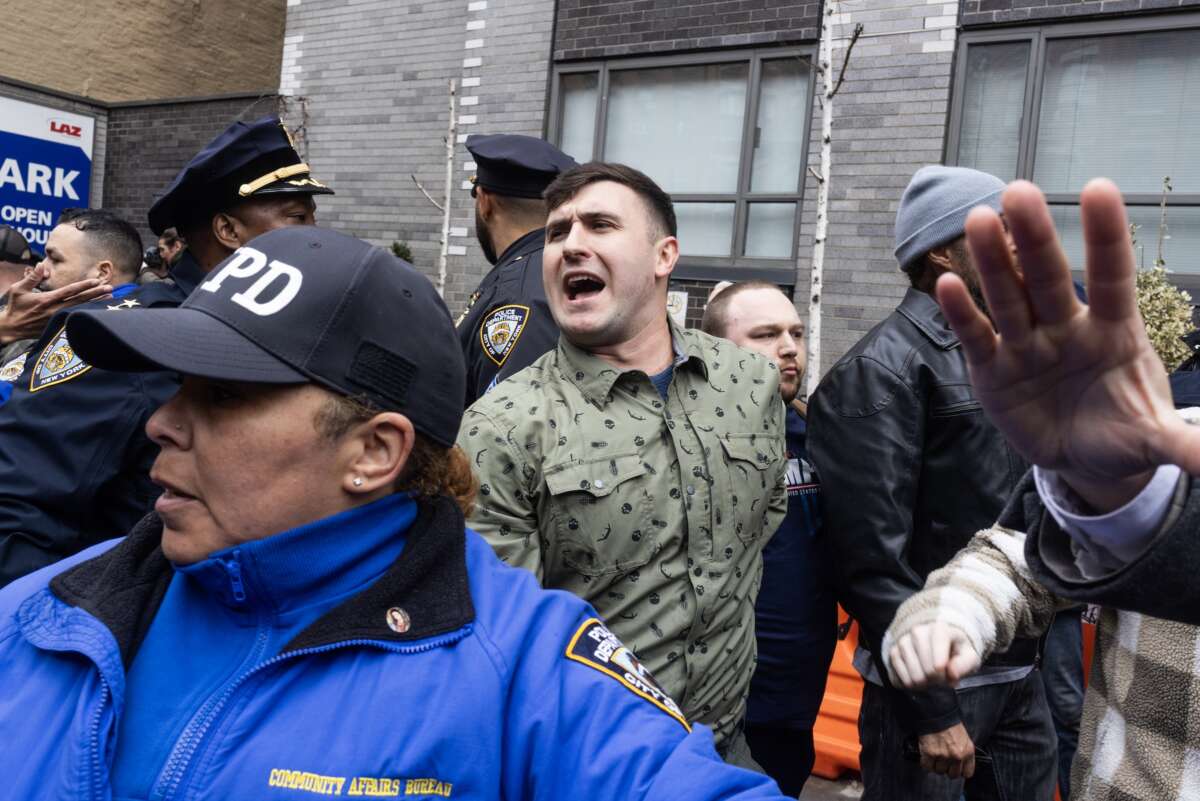 Right-wing influencer Jake Lang and a handful of supporters hold an anti-Islamic rally near Gracie Mansion on March 7, 2026 in New York City, New York.