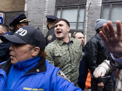 Right-wing influencer Jake Lang and a handful of supporters hold an anti-Islamic rally near Gracie Mansion on March 7, 2026 in New York City, New York.