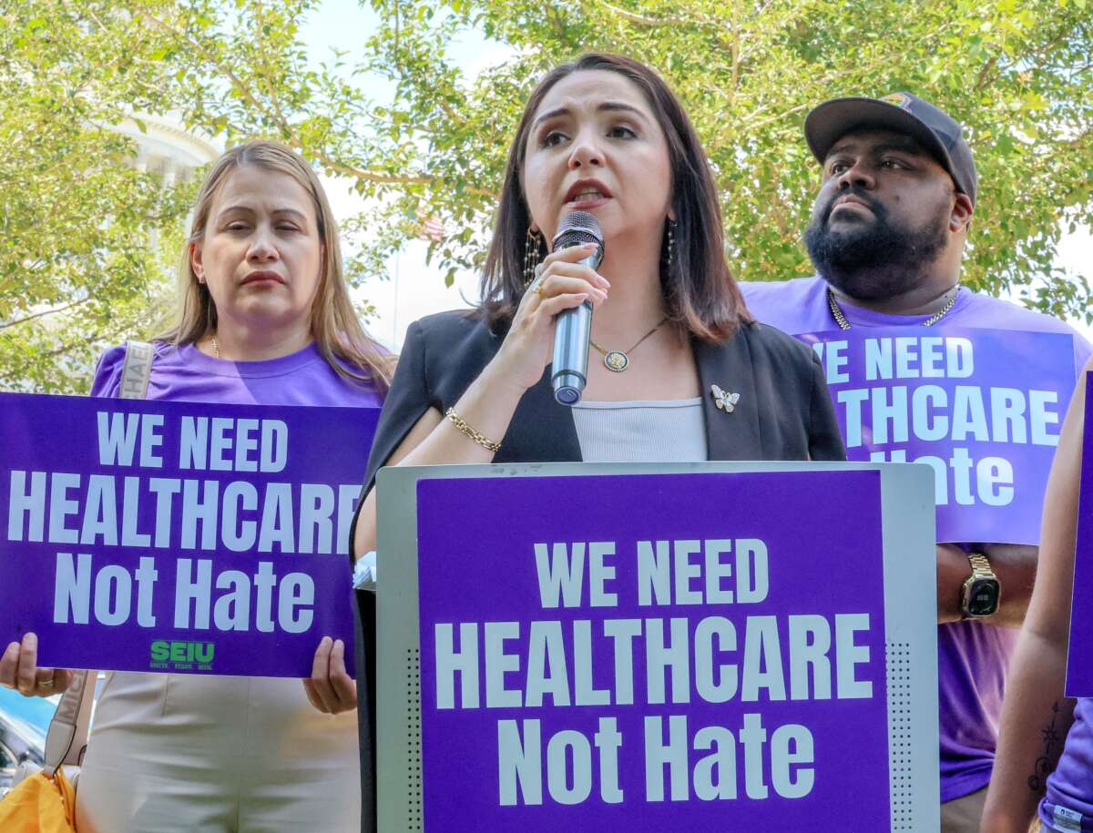 Rep. Delia Ramirez (D-Illinois) speaks during the SEIU rally where members called on Congress to fund "Healthcare Not Hate" at the U.S. Capitol in Washington D.C.