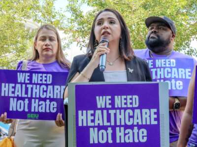 Rep. Delia Ramirez (D-Illinois) speaks during the SEIU rally where members called on Congress to fund "Healthcare Not Hate" at the U.S. Capitol in Washington D.C.