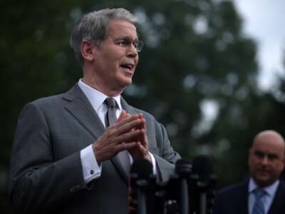 Treasury Secretary Scott Bessent speaks to members of the press outside the West Wing at the White House on August 20, 2026 in Washington, D.C.