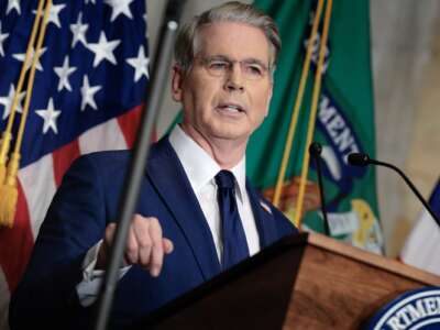 Treasury Secretary Scott Bessent announces a new set of sanctions against Iran, describing them as "an economic D-Day", in the Cash Room at the Treasury Department on August 24, 2026 in Washington, D.C.