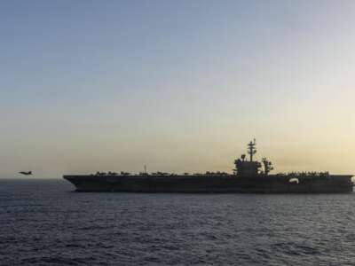 USS Abraham Lincoln (CVN 72) conducts U.S. blockade operations related to the Strait of Hormuz on April 16, 2026 in the Arabian Sea.