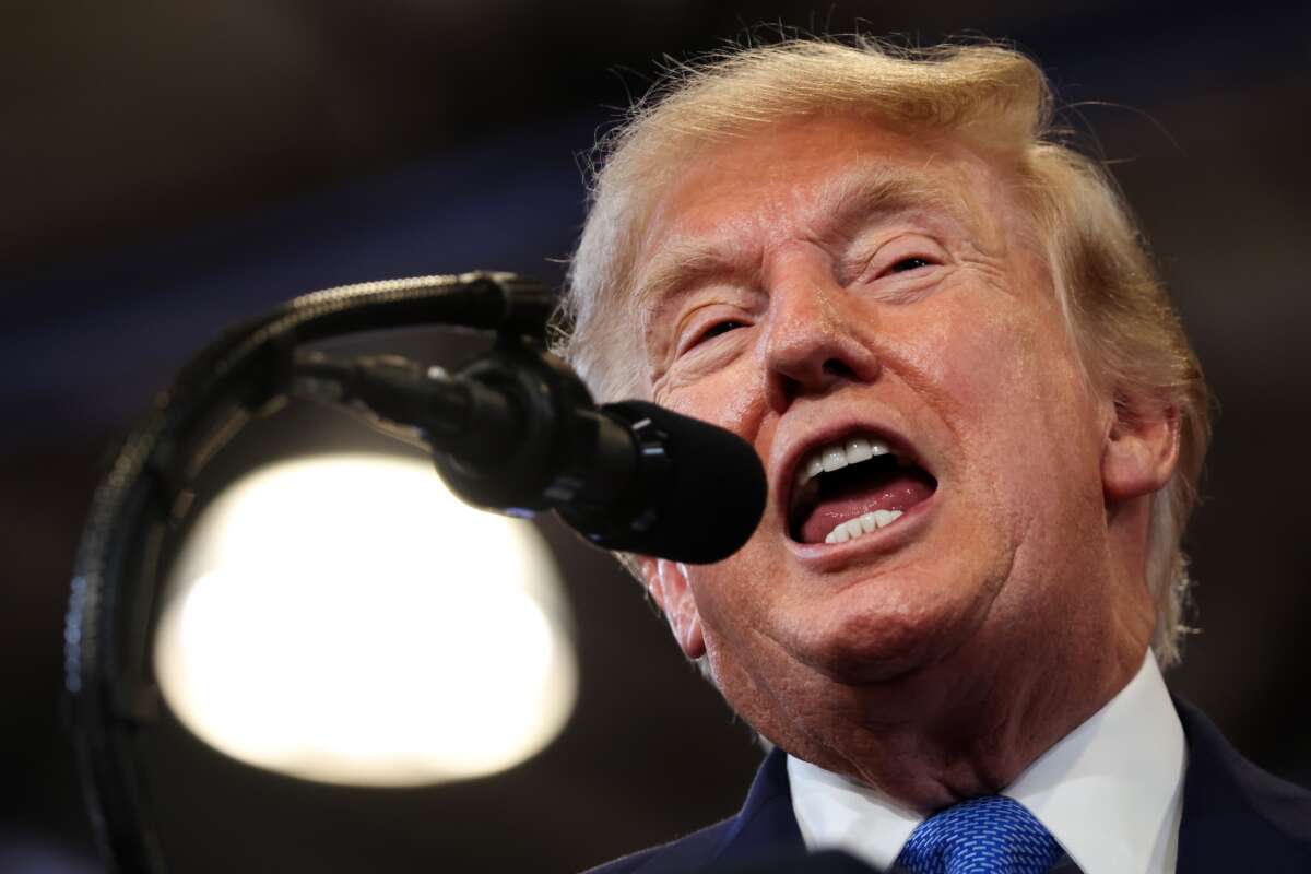 President Donald Trump delivers remarks at the David S. Mack Center for Training and Intelligence on August 14, 2026 in Garden City, New York.