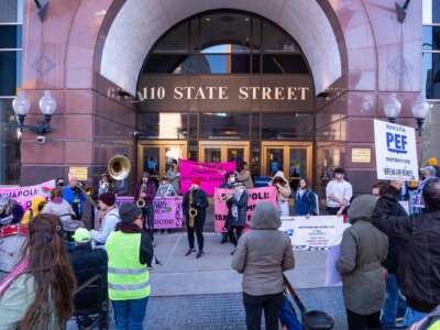 Activists protest New York State Comptroller Thomas DiNapoli's purchasing of Israel Bonds in Albany, New York, on October 16, 2025.