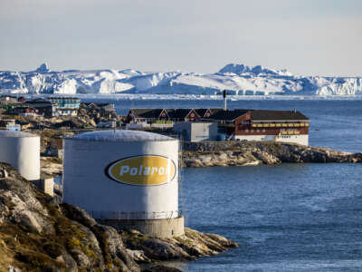 An oil storage facility at the harbour in Ilulissat, western Greenland, is pictured on June 28, 2022.