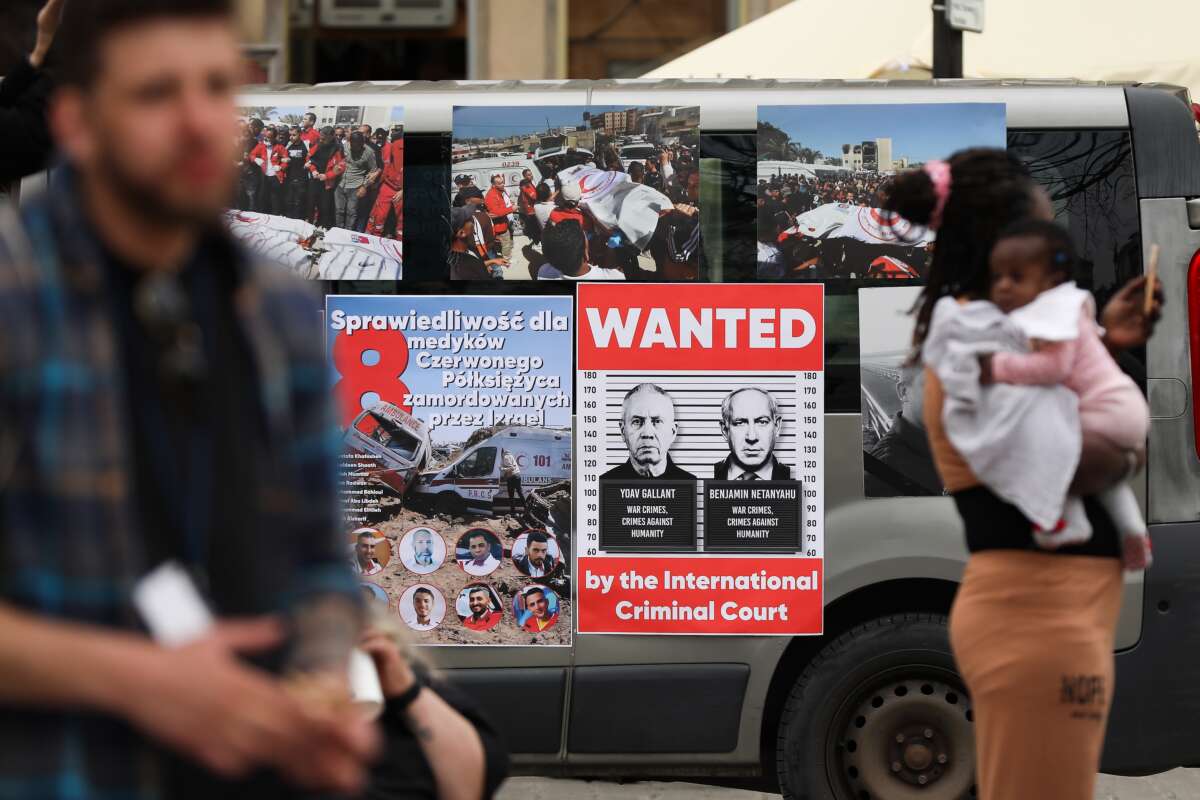 Participants in the first Jewish-Palestinian-Polish march with the slogan ''NO ONE IS FREE UNTIL EVERYBODY'S FREE!'' walk through the city streets in Krakow, Poland, on April 13, 2025.
