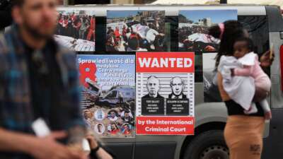Participants in the first Jewish-Palestinian-Polish march with the slogan ''NO ONE IS FREE UNTIL EVERYBODY'S FREE!'' walk through the city streets in Krakow, Poland, on April 13, 2025.