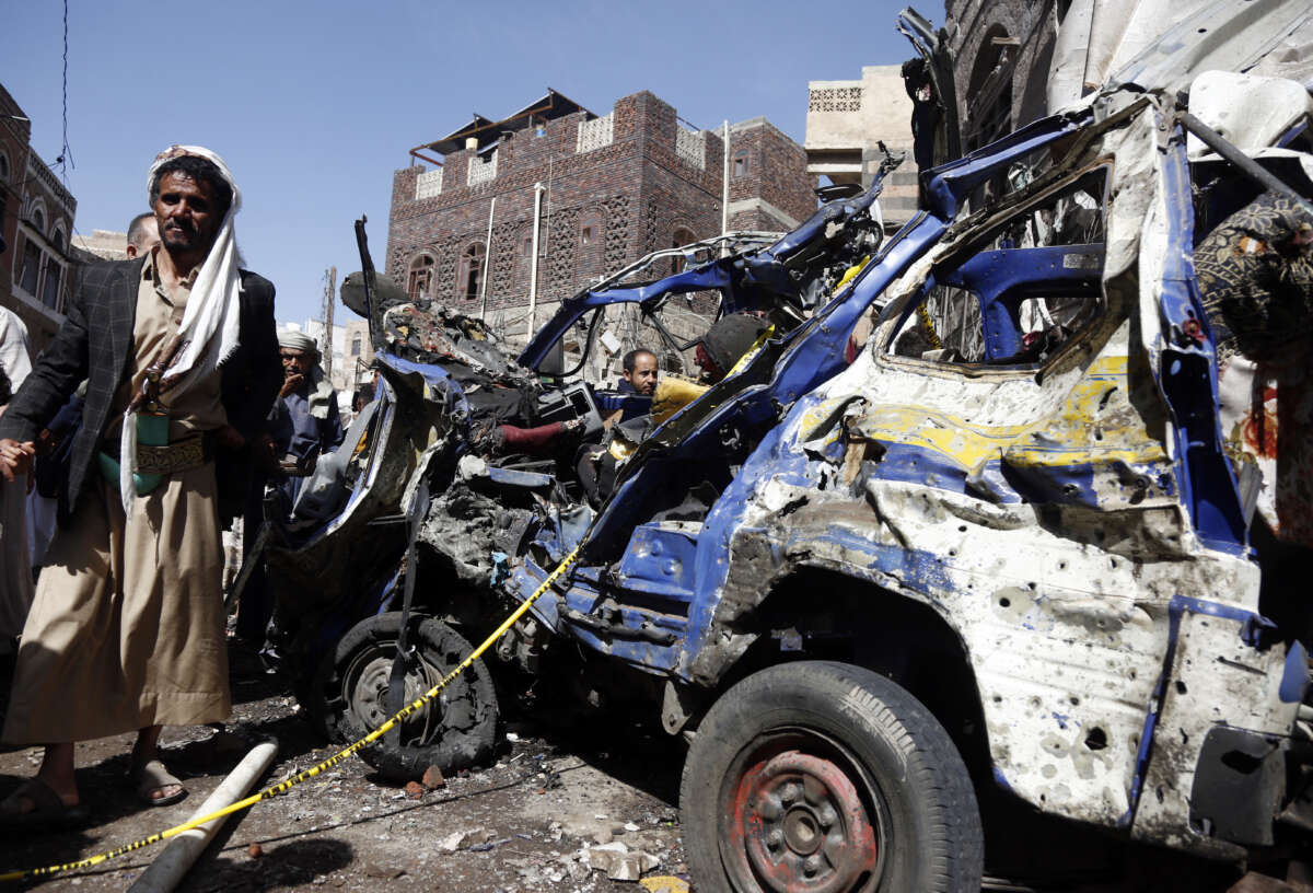 Yemenis inspect a residential area after an alleged U.S. airstrike in the Shoub district on April 21, 2025, in Sana'a, Yemen. Twelve people were killed and more than two dozen were injured in the overnight strike, according to Houthi authorities.